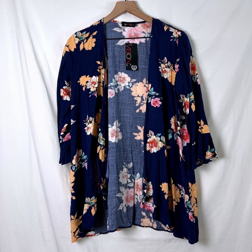 Vision Womens Kimono Navy Blue Size S Floral Linen Blend Bell Sleeve Open Front